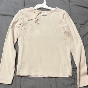 Zara Cream Ribbed Long-Sleeve Top with Shoulder Bow